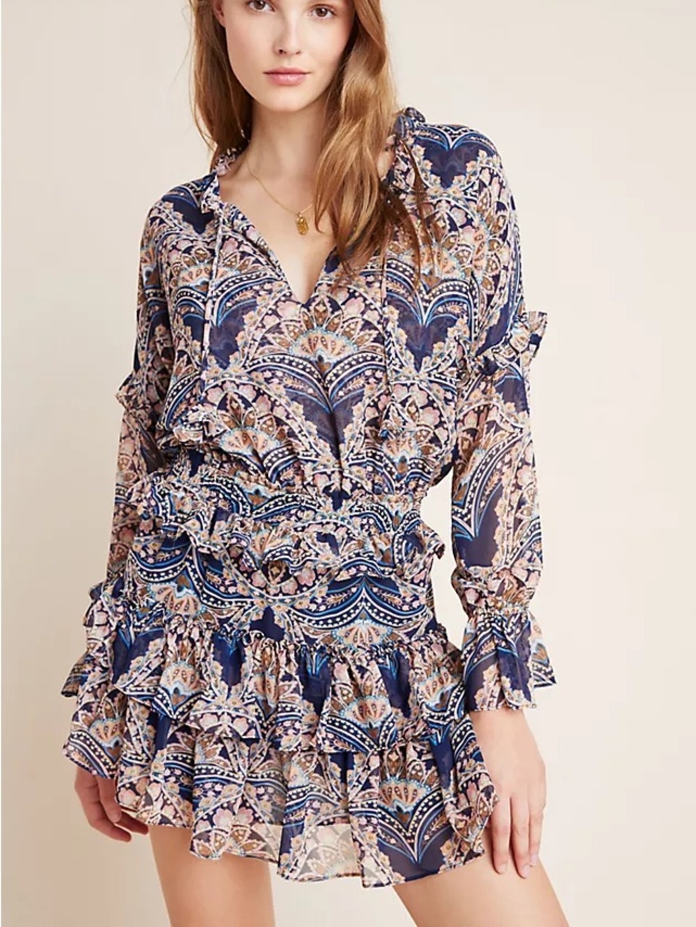 Misa Lolita Navy Blue Paisley Ruffle Long-Sleeve Top